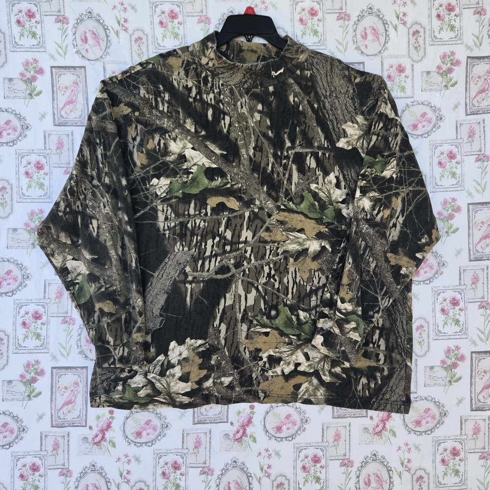 Vintage Duxbak Mossy Oak Mock Neck Camo Long‎ Sleeve Shirt Mens 2XL Hunting